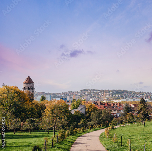 Germany, Stuttgart panorama view. Beautiful houses in autumn, Sky and nature landscape. Vineyards in Stuttgart - colorful wine growing region in the south of Germany with view over Neckar Valley