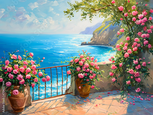 Ölgemälde einer Terrasse mit Rosen oberhalb des Mittelmeeres photo