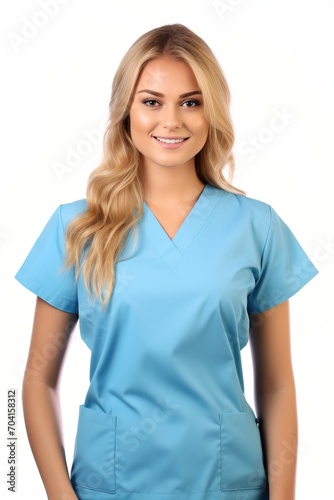 Portrait of a smiling female doctor or nurse in blue uniform