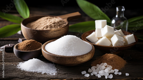 Various healthy diet replacement for sugar, natural organic sweetener concept, anti diabetes non-glycemic, sweetener. Various fruit sugar, molasses, stevia, dates, coconut date sugar, maple syrup.