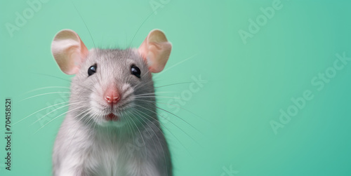 Closeup face house mouse isolated on green background