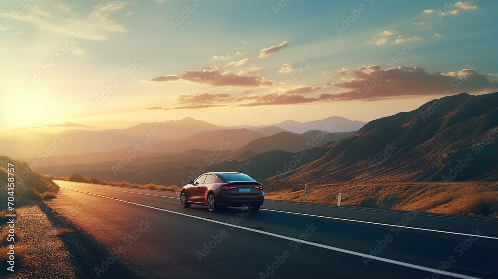 A red car drives along a winding road through the mountains at sunset,