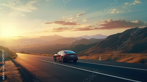 A red car drives along a winding road through the mountains at sunset,