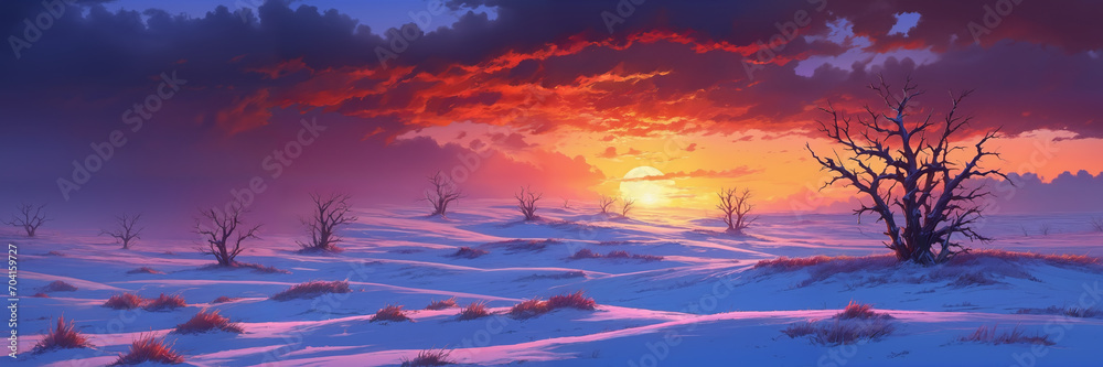 Winter scene: sunset with abstract sky, snowy landscape with bare trees, and cloudy horizon. Generative AI