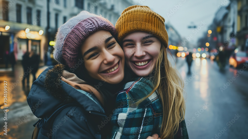 Portrait of happy woman friends hugging each other on city street, young female friends spending the day outside Portrait of happy woman friends hugging each other on city street, young female friends spending the day outside