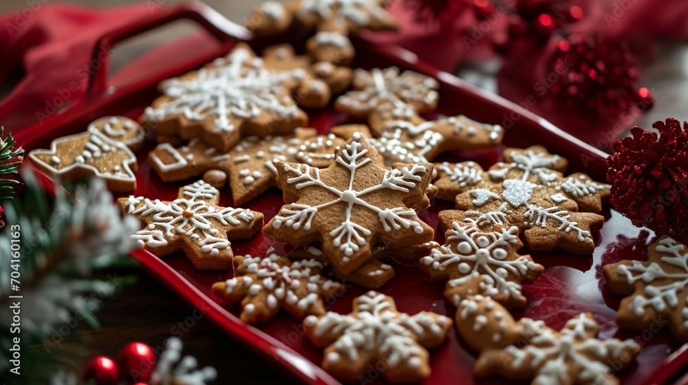 A collection of assorted gingerbread cookies shaped like snowflakes, reindeers, and stars arranged artfully on a red platter, evoking holiday delight. A collection of assorted gingerbread cookies shaped like snowflakes, reindeers, and stars arranged artfully on a red platter, evoking holiday delight.