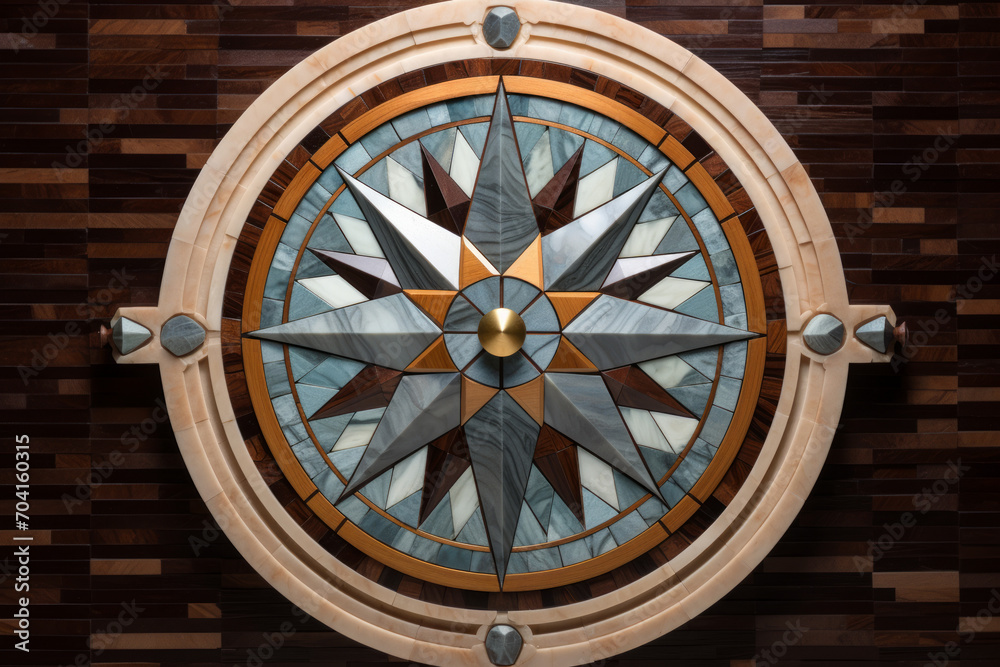 Wall decor compass made of polished inlaid stone and wood