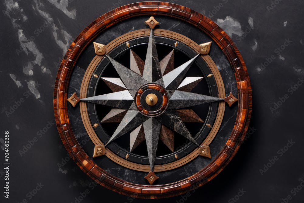 Wall decor compass made of polished inlaid stone and wood, rich dark colors of polished stone, hanging on a polished slate wall