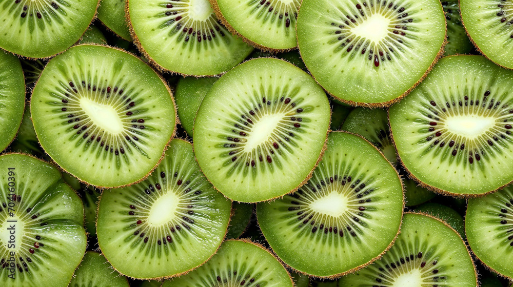 A Vibrant Mosaic of Freshly Sliced Kiwi Rounds Displaying a Symphony of Patterns and Shades of Green A Vibrant Mosaic of Freshly Sliced Kiwi Rounds Displaying a Symphony of Patterns and Shades of Green