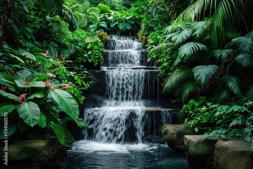 Cascading waterfall amidst tropical foliage