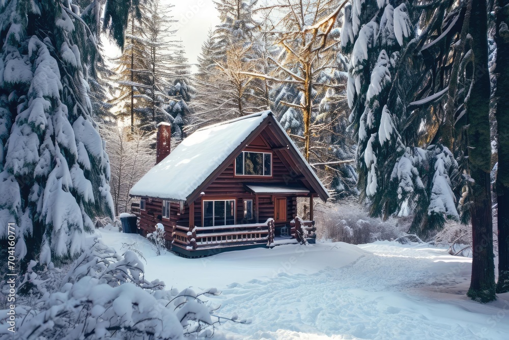 Cozy cabin in a snowy forest during winter Cozy cabin in a snowy forest during winter