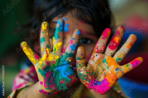 Close up of little child showing paint on his hands after painting, education concept