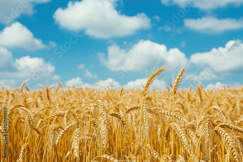 Golden wheat field under a blue sky