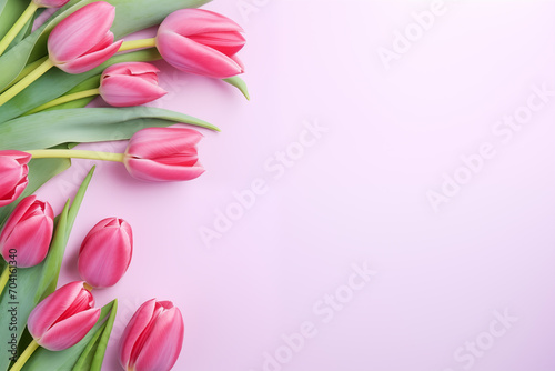 Beautiful Mothers Day or Valentines Day background or banner. Flowers and presents with copy space © Anastasiia