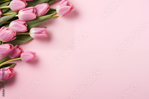 Beautiful Mothers Day or Valentines Day background or banner. Flowers and presents with copy space