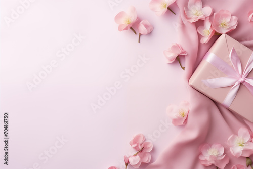 Beautiful, stylish Mothers Day or Valentines Day background or banner. Flowers and presents with copy space © Anastasiia