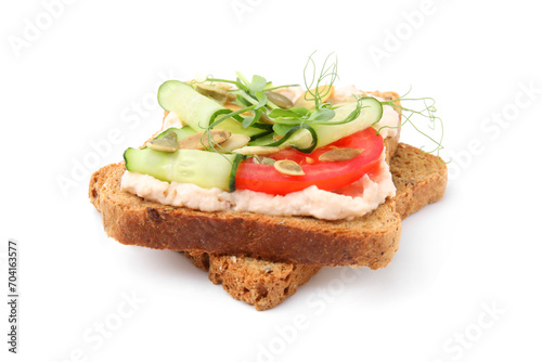 Tasty vegan sandwich with cucumber, tomato and pumpkin seeds isolated on white
