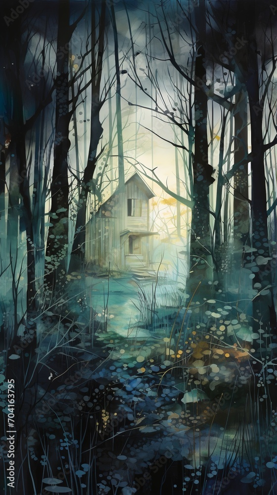 Small wooden house in the middle of dark misty forest