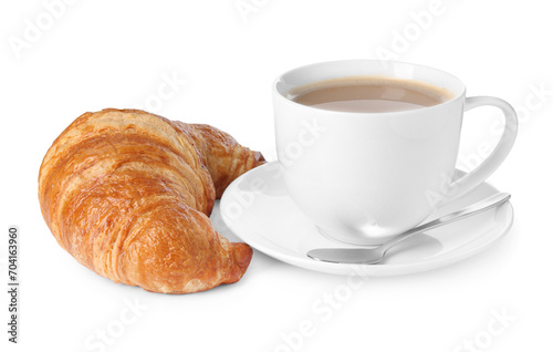 Delicious fresh croissant and cup of coffee isolated on white