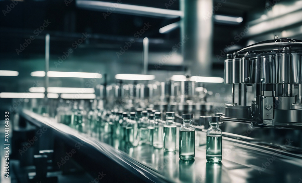 production of medicines in ampoules at the factory, conveyor belt with medicines production of medicines in ampoules at the factory, conveyor belt with medicines