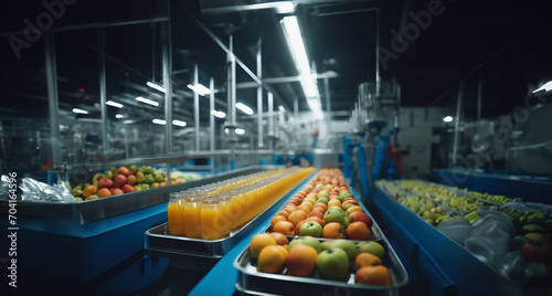 production of juice from fruits and berries at the factory, conveyor with bottles of juice. photo
