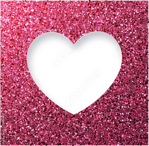 Heart shape hole through shiny glittering paper. White blank space for text.
