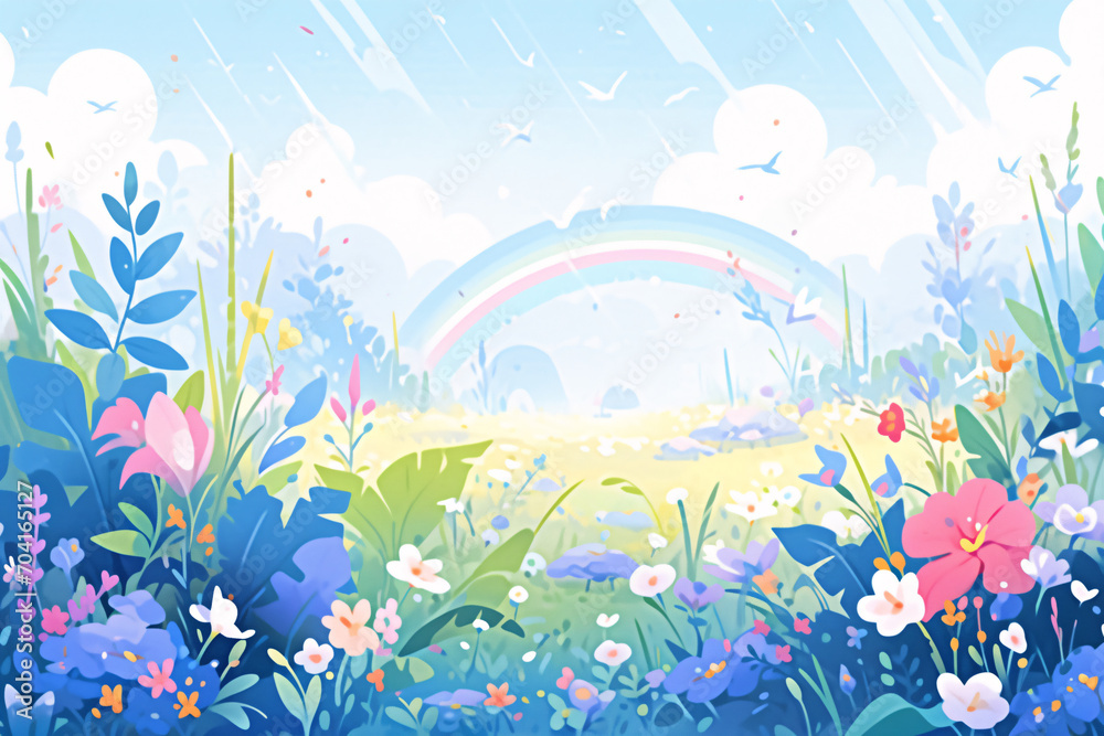 Beautiful spring outdoor landscape cartoon illustration, Beginning of Spring festival concept illustration background