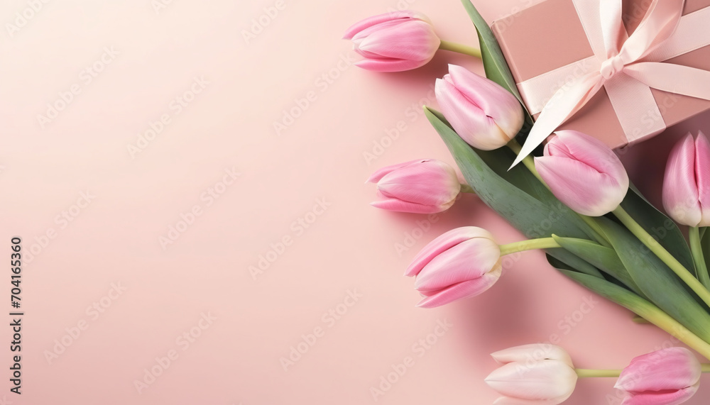 Tulips and gift boxes on white background top view, Valentine's Day thanksgiving concept illustration
