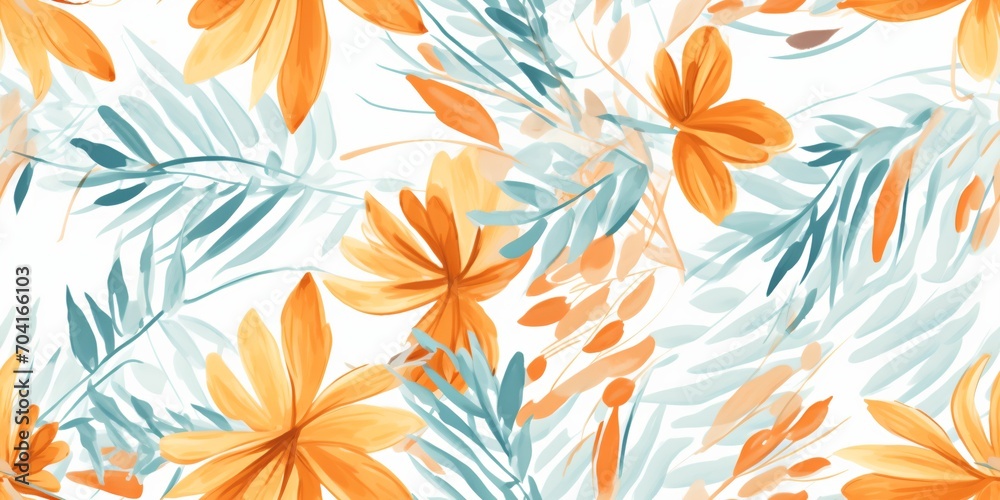 Orange and blue watercolor floral seamless pattern - obrazy, fototapety, plakaty 