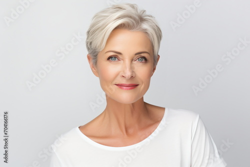 Portrait of a beautiful mature woman with short white hair and blue eyes photo