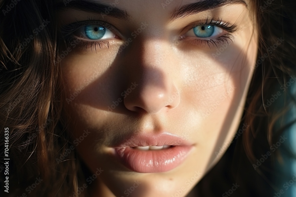 Portrait of a young woman with blue eyes and brown hair