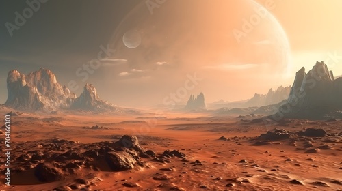 Beautiful desert landscape with mountains and sand on the red planet Mars. photo