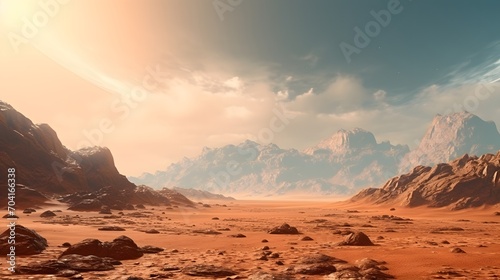 Beautiful desert landscape with mountains and sand on the red planet Mars. #704166338