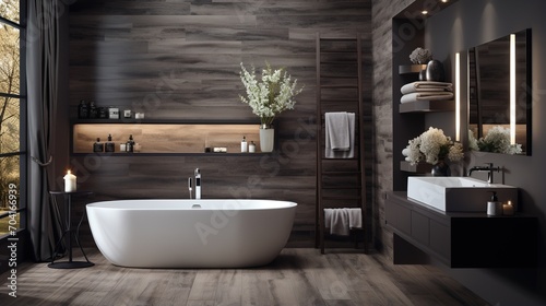 Modern bathroom interior with dark wood walls and white bathtub