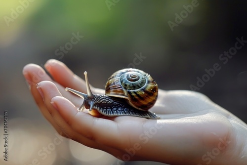 A snail in a woman's hand. Cosmetology snail for spa. Breeding of achatina snails. Snail mucus for skin care. Pet snail photo