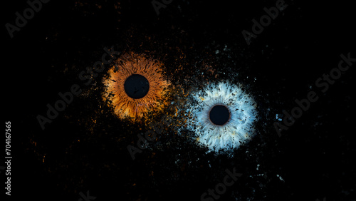 Fototapeta Naklejka Na Ścianę i Meble -  Galaxy effect of human eyes exploding on black background. Close-up of blue and brown colored iris colliding. Structural Anatomy. Iris Detail. Filamentes and Pigments. Super Resolution.
