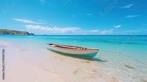 A wooden boat sits on a sandy beach with the ocean in the background, © duyina1990