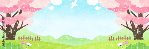 桜の木と春の山々の風景 自然あふれる水彩背景イラスト