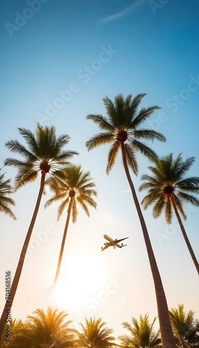 Airplane flying above palm trees in clear sunset sky with sun rays. Concept of traveling  vacation and travel by air transport. Beautiful sky background. 