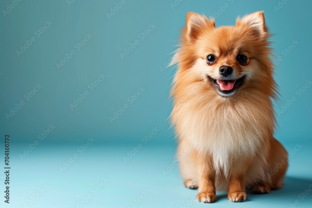 a smiling Pomeranian Spitz on a blue plain background. Place for text