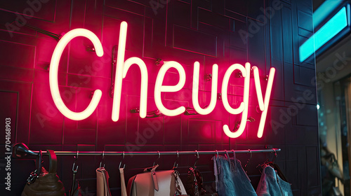 Cheugy written in a neon sign. Gen Z slang for uncouth, trashy, outdated fashion