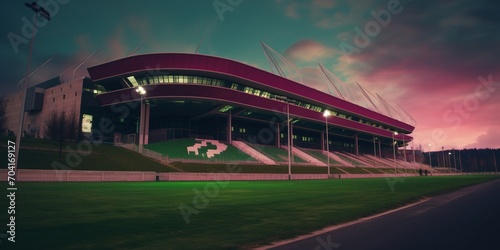 Modern stadium with a closed roof at sunset