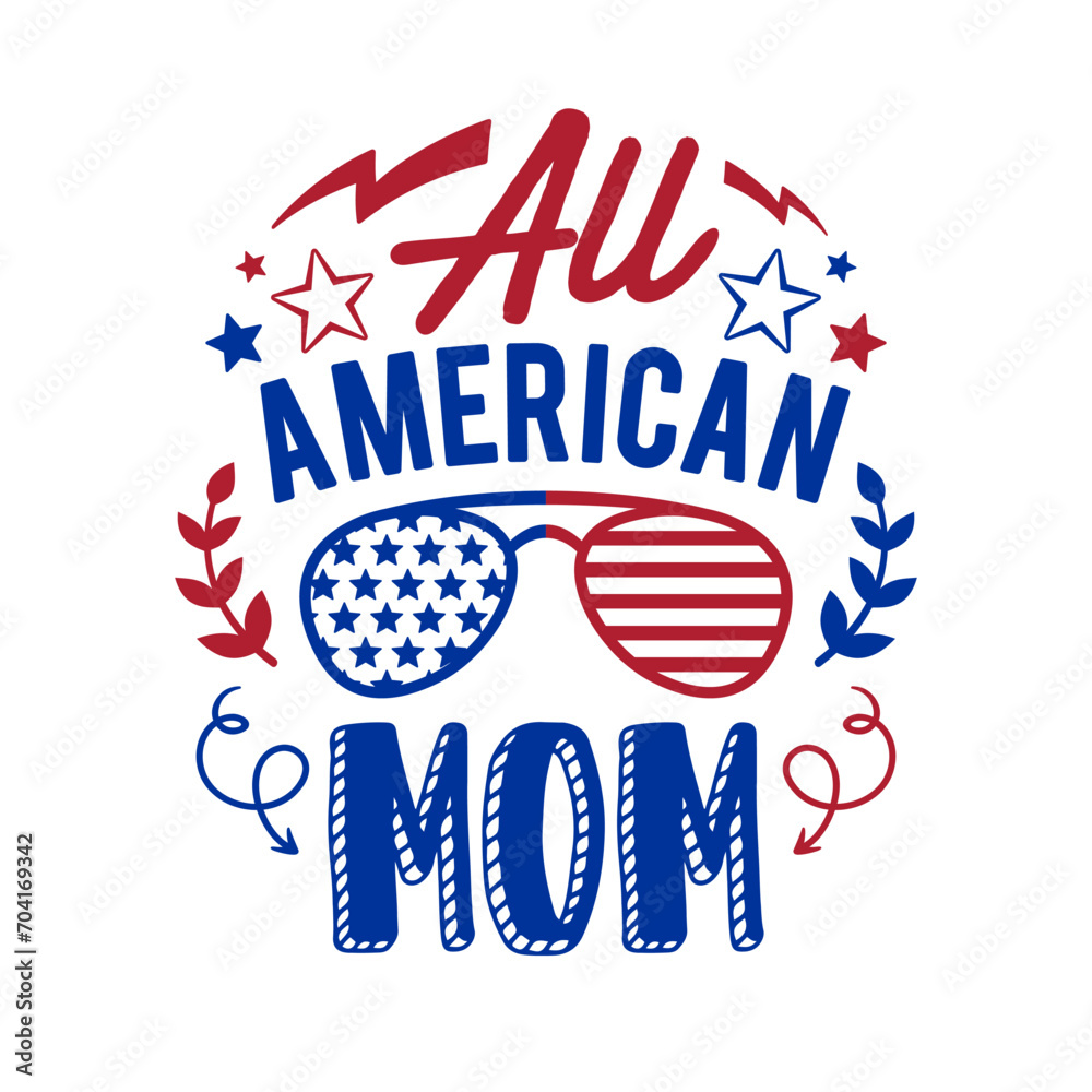 Naklejka premium Illustration All American Mom, Dad, Boy, and Girl. Happy Independence Day, For advertising, poster, announcement, invitation, party, T shirt print , poster, banner