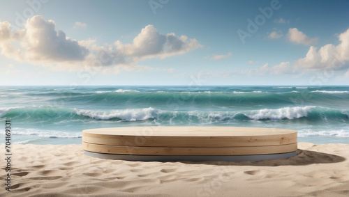podium for product presentation with small waves on the beach in the background