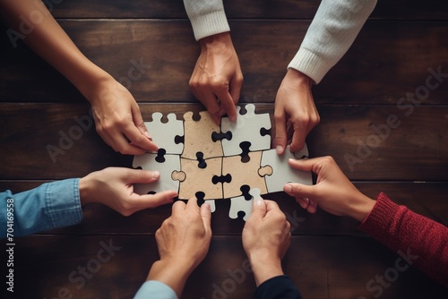 Diverse group of people putting puzzle pieces together