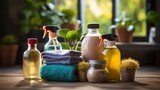 Natural cleaning products on a wooden table