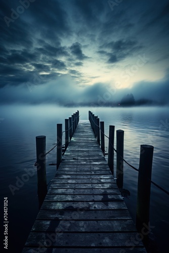 Wooden dock extending into the misty lake under cloudy sky