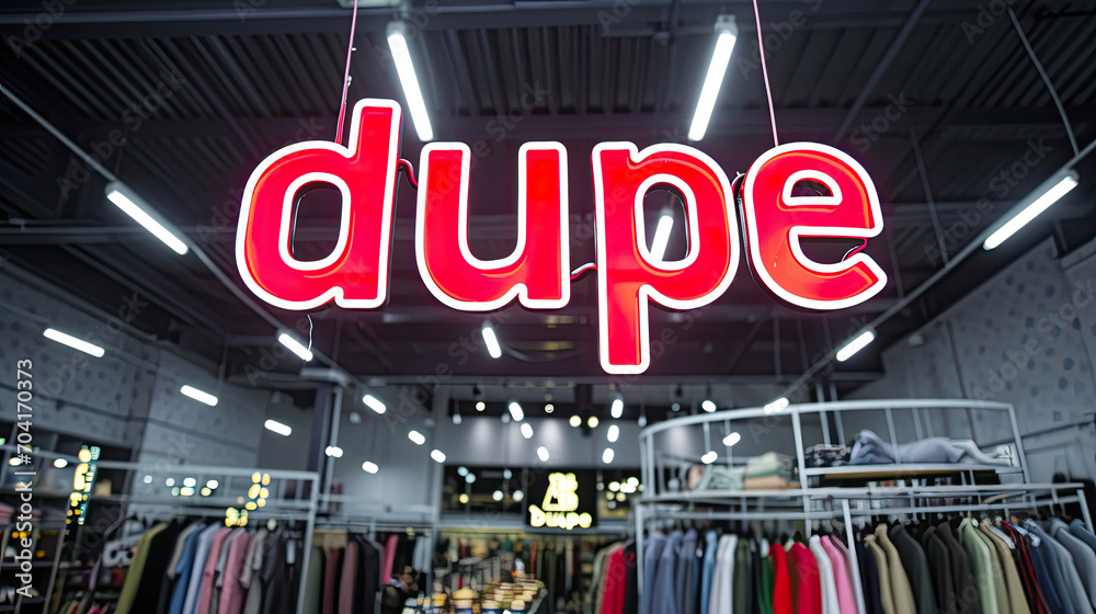 Dupe written in a neon sign, at a clothing store. Gen Z slag for a duplicate or replica item of an expensive designer fashion accessory, shoes or clothing Dupe written in a neon sign, at a clothing store. Gen Z slag for a duplicate or replica item of an expensive designer fashion accessory, shoes or clothing