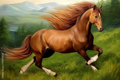 A beautiful brown horse with mane flying as it gallops across a green field