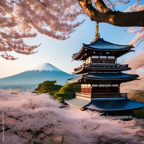 A traditional Japanese castle surrounded by cherry blossom trees1